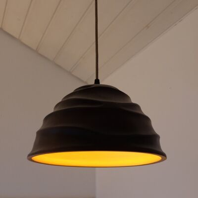 Eclairage - suspensions - lampe - lampe en bois - suspension - suspension - Modèle Twist (25) - choco/or - extérieur : choco / intérieur : or, câble : jaune/noir, douille : 230V/50Hz E27 (Max 10W LED )