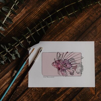 Postal y póster de papel de acuarela - Pez león - Decoración de pared - Ilustración de naturaleza y animales - Pintura de impresión de arte