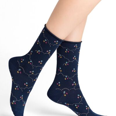 Chaussettes Pur Coton Bord Roulé Velouté motifs petits cubes Encre