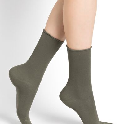 Chaussettes Pur Coton Bord Roulé Velouté Kaki