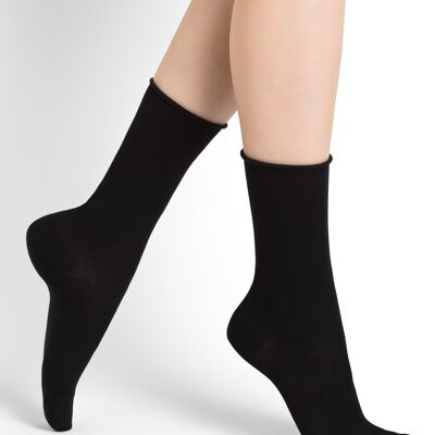 Chaussettes Pur Coton Bord Roulé Velouté Noir