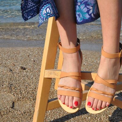Sandalias de playa para mujer, sandalias griegas de cuero hechas a mano - Negro
