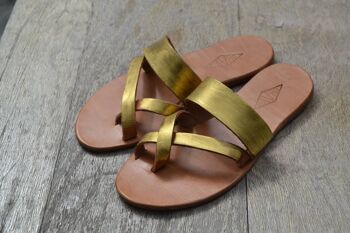 Sandales à double bande, sandales en cuir faites à la main, dorées à l'or 4