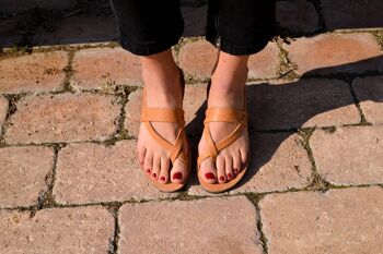Sandales à double bande, sandales en cuir faites à la main, sandales noires - Tan naturel 2
