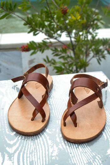Sandales à double bande, Sandales en cuir faites à la main, Sandales marron - Noir 1