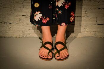 Sandales à double bande, sandales en cuir faites à la main, sandales marron - vert 4
