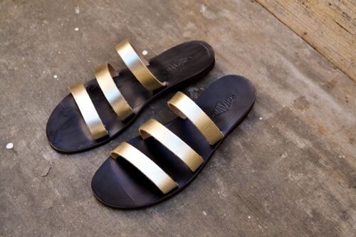 Gold Handmade Leather Sandals, Summer Flats, Women Shoes - Black