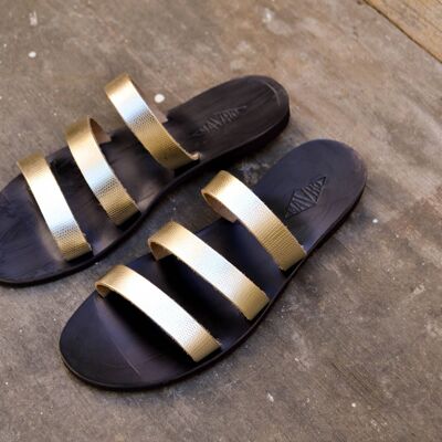 Sandalias de cuero hechas a mano doradas, zapatos planos de verano, zapatos de mujer - negro