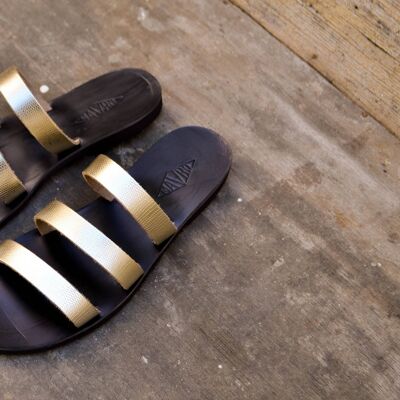 Sandales en cuir faites à la main en or, appartements d'été, chaussures pour femmes - Tan