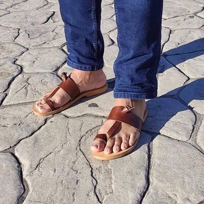 Sandali in pelle da uomo greci, scarpe estive da uomo, appartamenti da uomo - Black_Lykaon Sandal