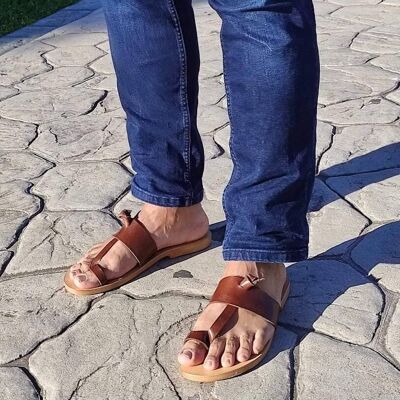 Sandales en cuir pour hommes grecs, chaussures pour hommes d'été, appartements pour hommes - Sandale Lykaon marron clair