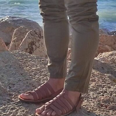 Sandales en cuir pour hommes grecs, chaussures d'été pour hommes, chaussures plates pour hommes - Light Brown_Treta Sandal