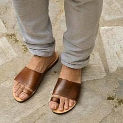 Sandales en cuir pour hommes grecs, chaussures d'été pour hommes, appartements pour hommes - Marron clair_SANDALES FENEOS