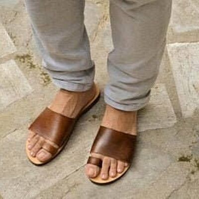 Sandales en cuir pour hommes grecs, chaussures d'été pour hommes, appartements pour hommes - Tan_FENEOS SANDALS
