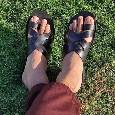 Sandales en cuir pour hommes grecs, chaussures d'été pour hommes, appartements pour hommes - Black_Sandal 25