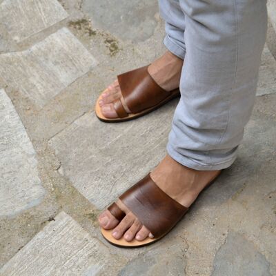 Sandales en cuir pour hommes grecs, chaussures d'été pour hommes, appartements pour hommes - Marron - Sandale 25