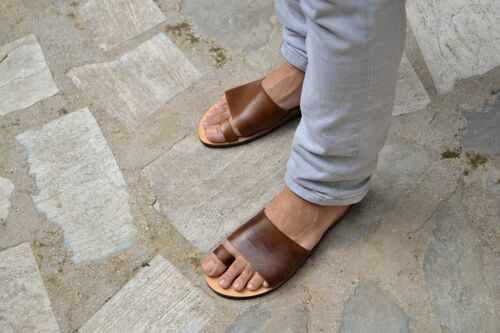 Greek Men Leather Sandals, summer men shoes, men flats - Black - Sandal 25