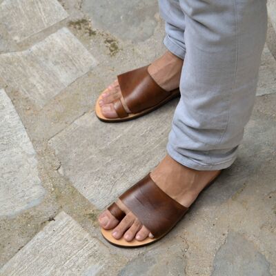 Greek Men Leather Sandals, summer men shoes, men flats - Light Brown - Sandal 25