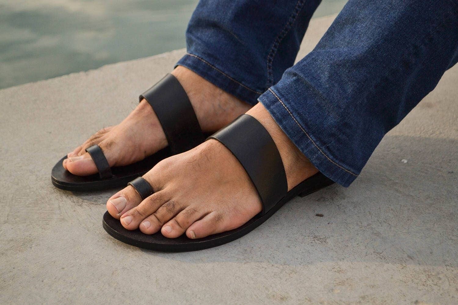 Barefoot Men Leather Sandals, Double Toe Ring, Sexy Gay Sandals, Greek  Leather Sandals - INDIGO - Yahoo Shopping