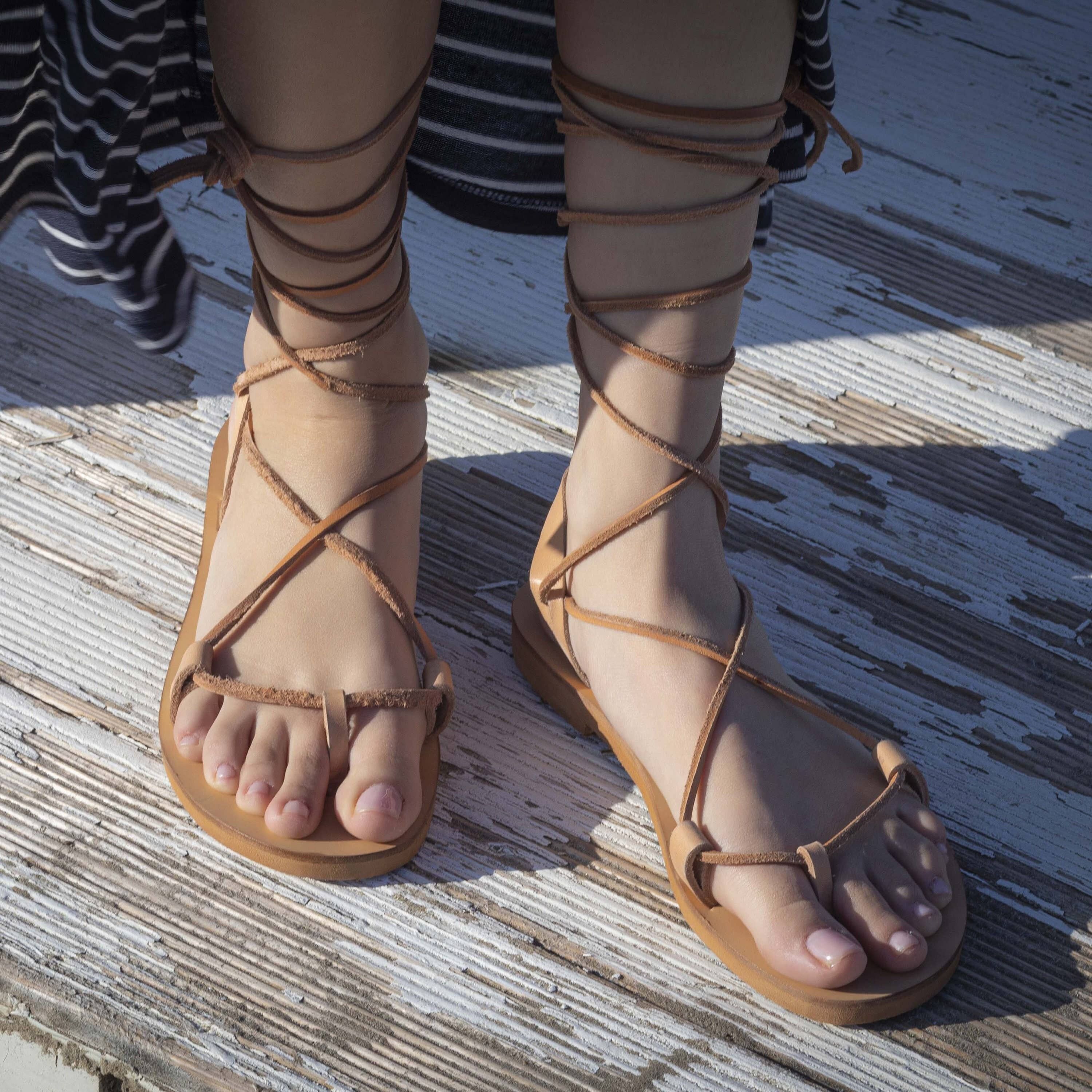 Ancient Greek style gladiator real leather sandals handmade gold flat | eBay