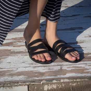Sandales en cuir faites à la main, appartements d'été, chaussures pour femmes, cuir - noir 2