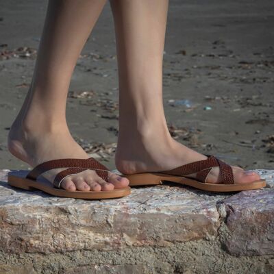 Sandali in pelle per donna/sandali della Grecia antica/piatti - abbronzatura naturale - sandalo Vounteni