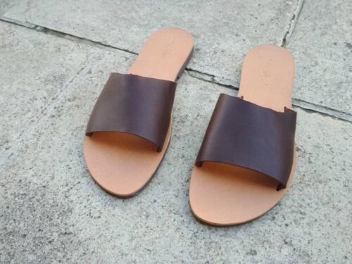 Leather slides sandals, dark brown summer shoes, gift - Brown - Sandal 52