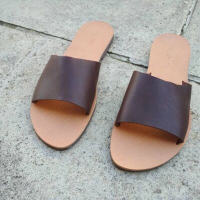 Leather slides sandals, dark brown summer shoes, gift - Light brown - Sandal 52