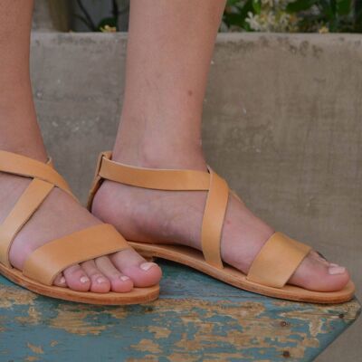 Sandales en cuir faites à la main marron clair, appartements d'été, femmes - Tan - Sandale 15