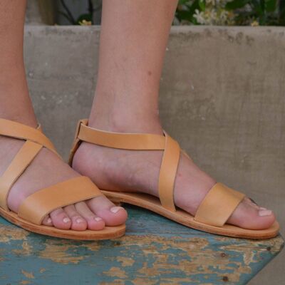 Light Brown Handmade Leather Sandals, Summer Flats, Women - Red - Sandal 15