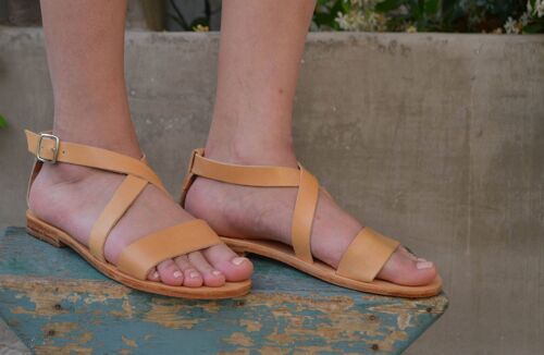 Light Brown Handmade Leather Sandals, Summer Flats, Women - Black - Sandal 15