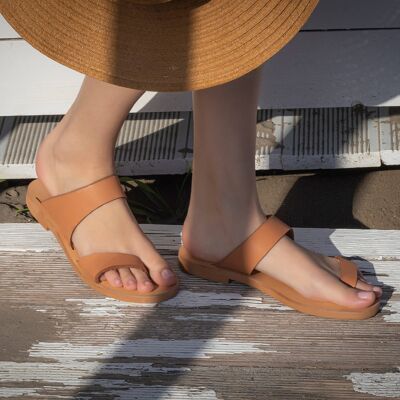 Pantofole in pelle marrone chiaro, ciabatte in pelle, sandali estivi - marrone - sandalo fluo