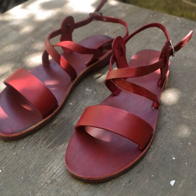 Sandalias de cuero rojo, planos de verano, zapatos de mujer, hechos a mano - Negro - Sandalia Timenio