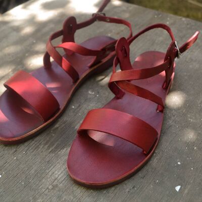 Sandalias de Cuero Rojas, Pisos de Verano, Zapatos de Mujer, Hechos a Mano - Marrón - Sandalia Timenio