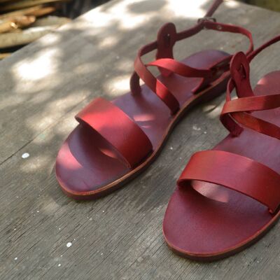 Sandalias de Cuero Rojas, Pisos de Verano, Zapatos de Mujer, Hechos a Mano - Marrón - Sandalia Timenio