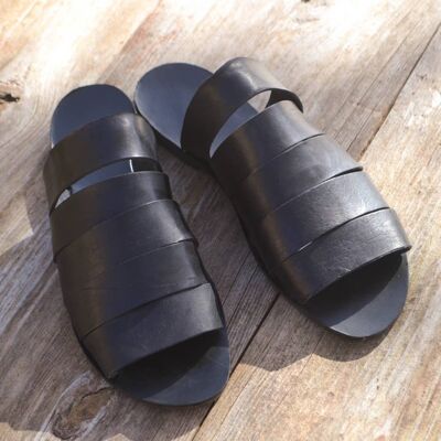 REBAJAS, Sandalias de tiras, Sandalias de cuero gris, Zapatos de verano - Negro - Sandalia Aioli