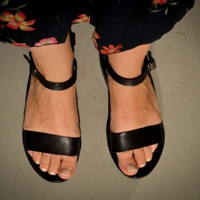 Strappy Sandals, Black Leather Sandals, Summer Flats, Women - Silver - Mesovoia Sandal