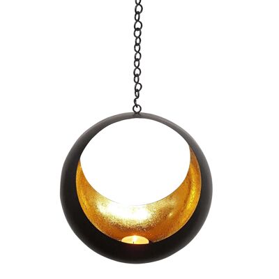 Farol colgante oriental Janani con cadena en oro negro Ø 20cm portavelas