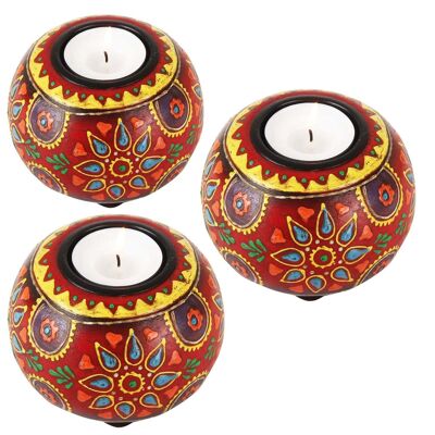 Hand-painted oriental tea light holders Anandra in a set of 3 made of wood in the shape of a sphere