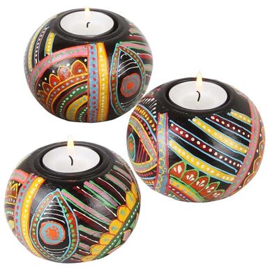 Oriental hand-painted tea light holder Aicha set of 3 made of mango wood in African style