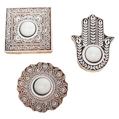 Oriental tea light holder Sahra set of 3 made of wood carved with Hamza Fatima's Buddha hand