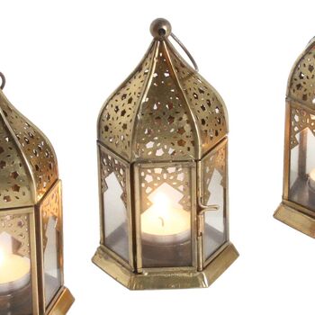 Lanternes orientales en verre Nael Transparent Lot de 3 B-Ware | Photophore doré en forme de minaret 7