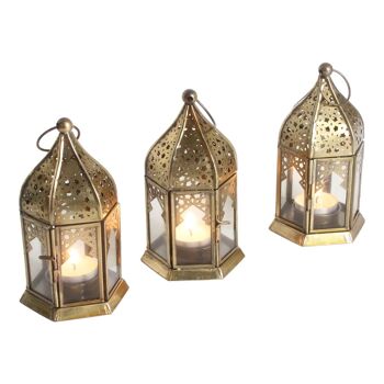 Lanternes orientales en verre Nael Transparent Lot de 3 B-Ware | Photophore doré en forme de minaret 1