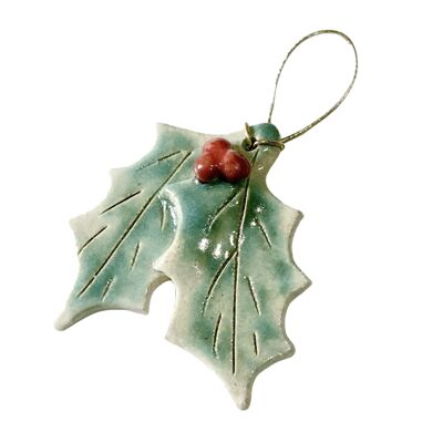 Stechpalme mit Beeren, handgefertigte Keramik-Weihnachtsbaumdekoration
