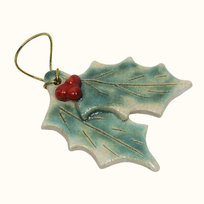 Agrifoglio con bacche Decorazione per albero di Natale in ceramica fatta a mano