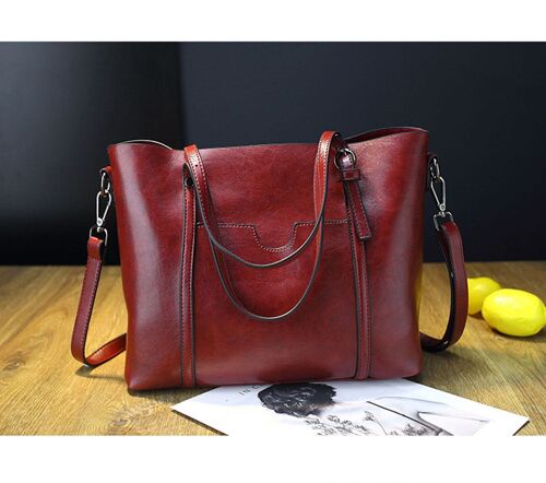 AnBeck Women's Leather Shoulder Bag Handle Bagwith front pocket - Red wine color