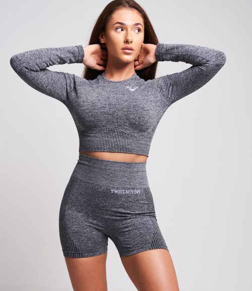 Acelle Recycled Long Sleeve Crop Top – Grey Marl