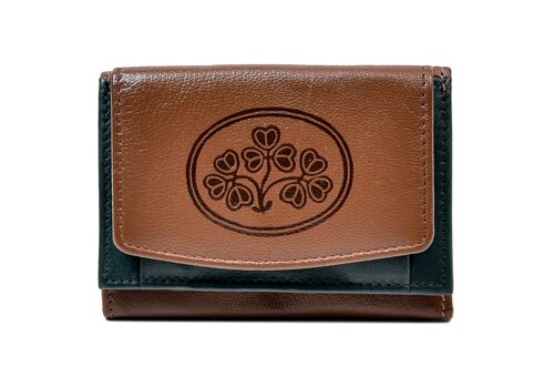 Tri Fold Wallet Tan and Green Leather Shamrock Spray