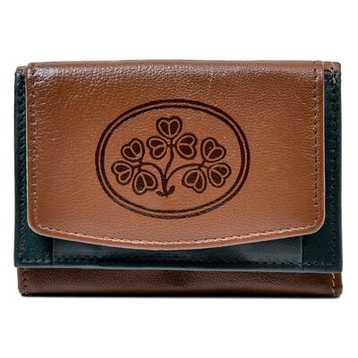 Tri Fold Wallet Tan and Green Leather Shamrock Spray