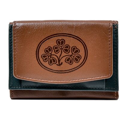 Tri Fold Wallet Tan and Green Leather Shamrock Spray